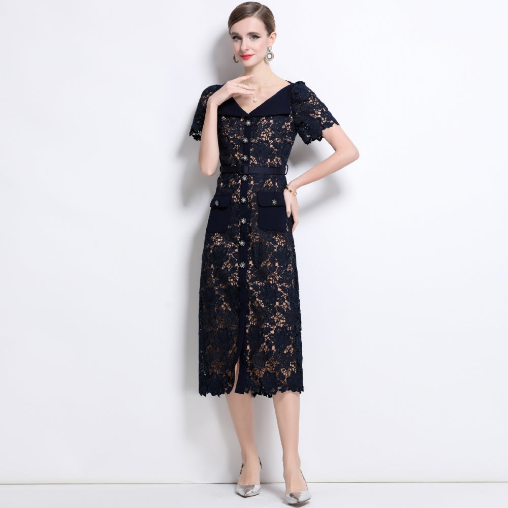 CM-DY042186 Women Elegant European Style Hollow V-Neck Short Sleeve Midi Dress With Belt - Navy Blue