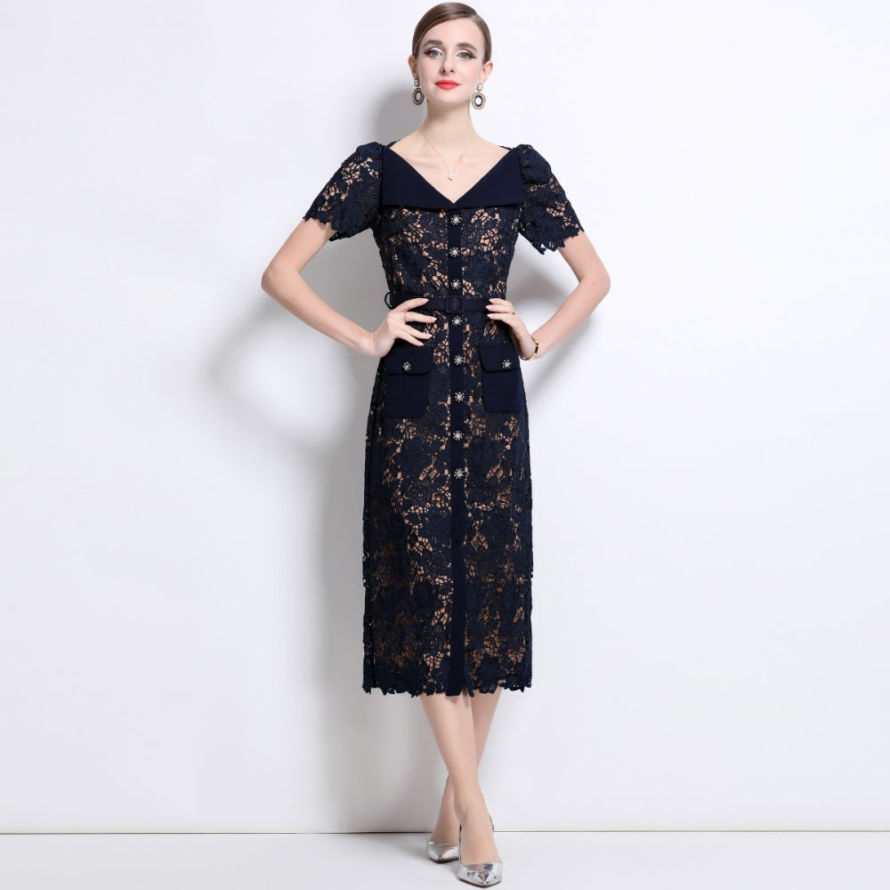 CM-DY042186 Women Elegant European Style Hollow V-Neck Short Sleeve Midi Dress With Belt - Navy Blue