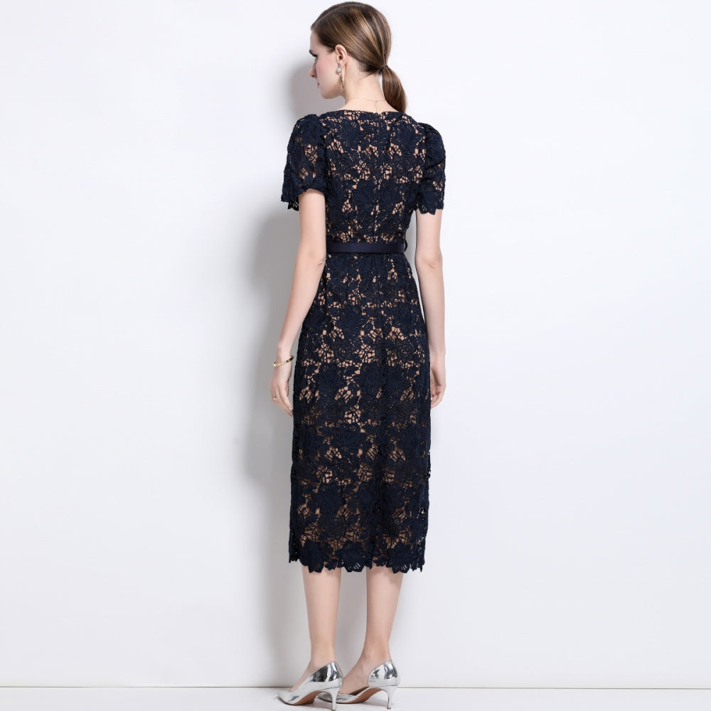 CM-DY042186 Women Elegant European Style Hollow V-Neck Short Sleeve Midi Dress With Belt - Navy Blue