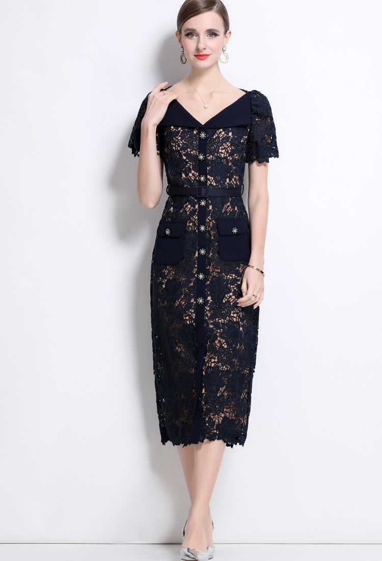 CM-DY042186 Women Elegant European Style Hollow V-Neck Short Sleeve Midi Dress With Belt - Navy Blue