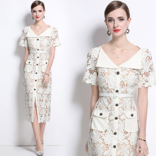 CM-DY042187 Women Elegant European Style Hollow V-Neck Short Sleeve Midi Dress With Belt - Apricot