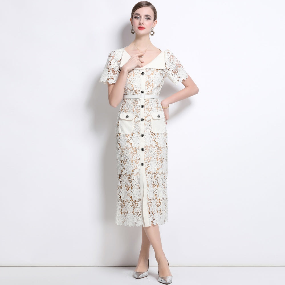 CM-DY042187 Women Elegant European Style Hollow V-Neck Short Sleeve Midi Dress With Belt - Apricot
