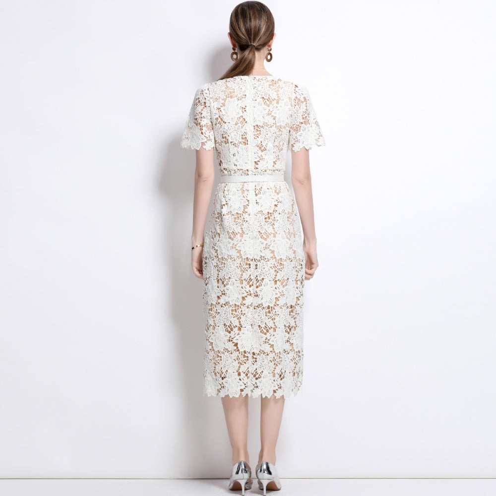CM-DY042187 Women Elegant European Style Hollow V-Neck Short Sleeve Midi Dress With Belt - Apricot