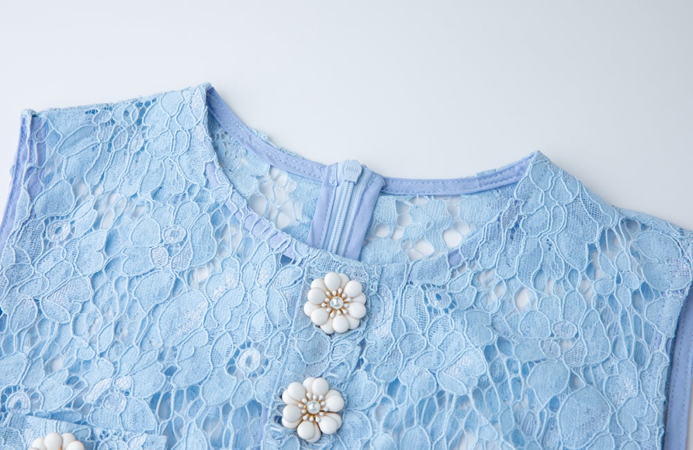 CM-DY042189 Women Elegant European Style Floral Lace Round Neck Sleeveless Mini Dress - Blue