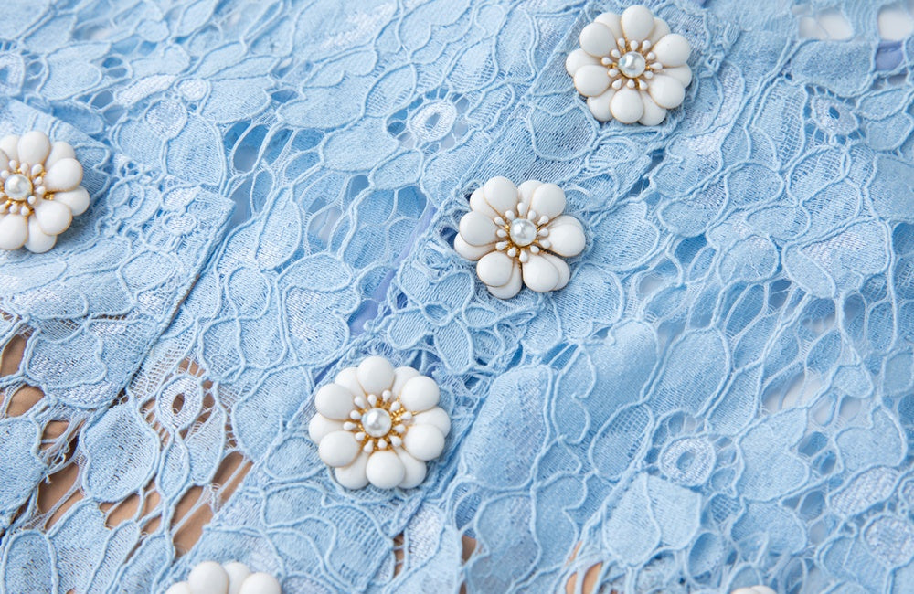 CM-DY042189 Women Elegant European Style Floral Lace Round Neck Sleeveless Mini Dress - Blue