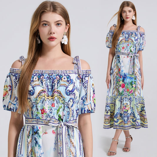 CM-DY042191 Women Elegant European Style Floral Print Off the Shoulder Short Sleeve Maxi Dress - Blue