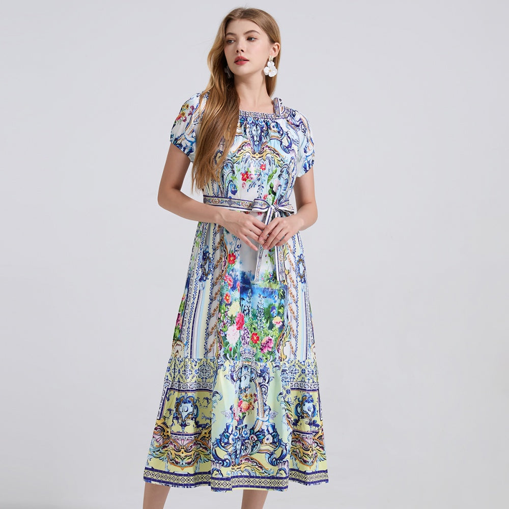 CM-DY042191 Women Elegant European Style Floral Print Off the Shoulder Short Sleeve Maxi Dress - Blue