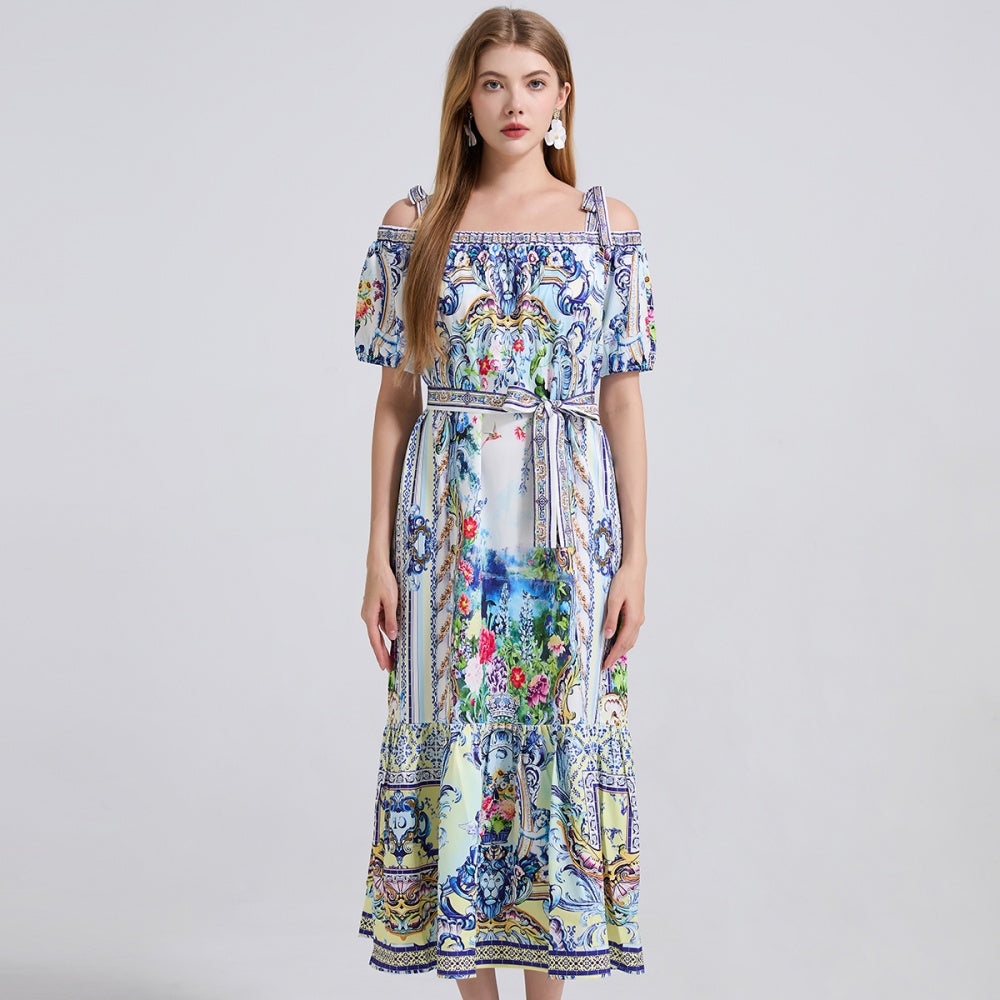 CM-DY042191 Women Elegant European Style Floral Print Off the Shoulder Short Sleeve Maxi Dress - Blue