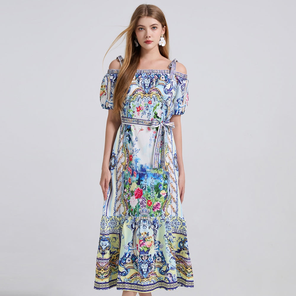 CM-DY042191 Women Elegant European Style Floral Print Off the Shoulder Short Sleeve Maxi Dress - Blue