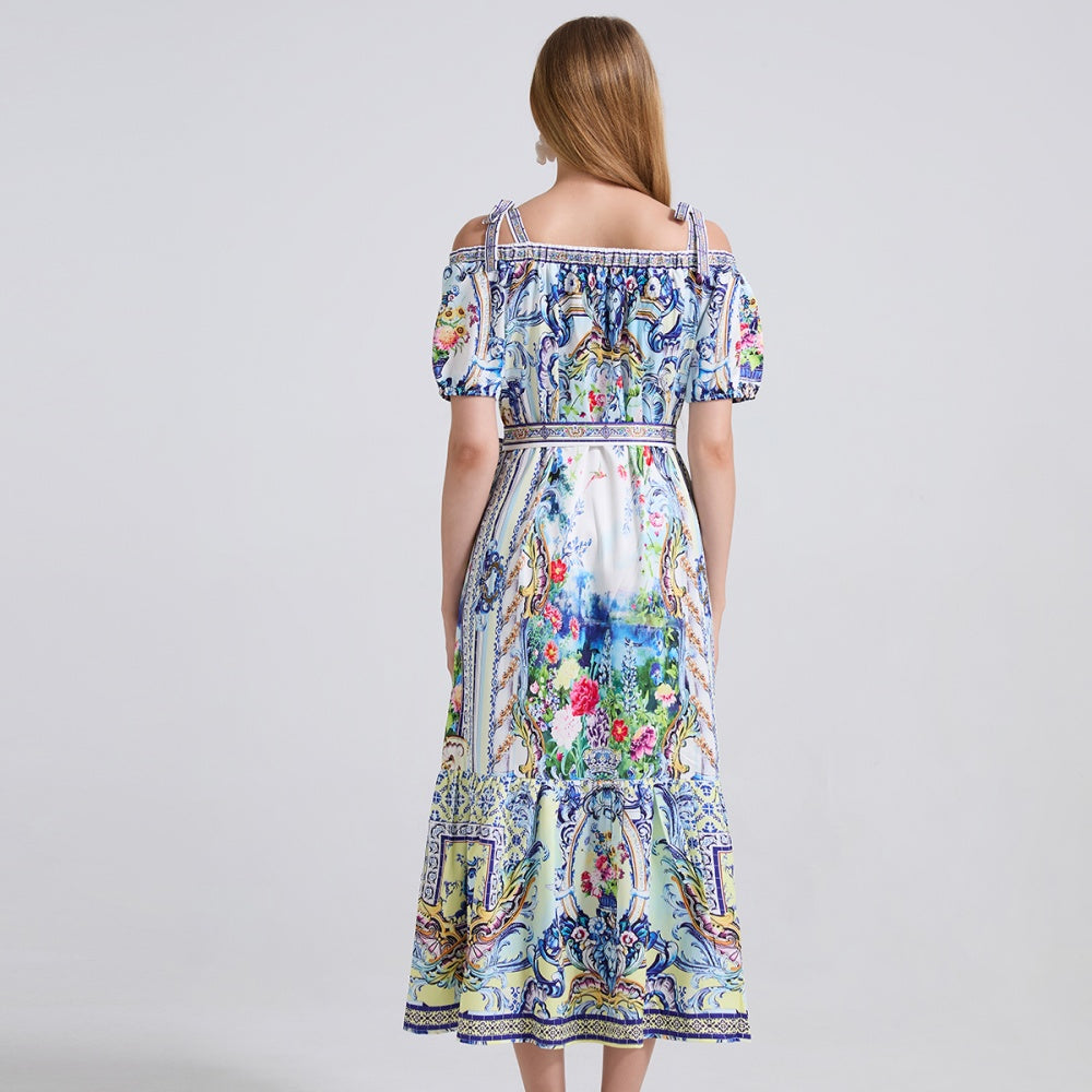 CM-DY042191 Women Elegant European Style Floral Print Off the Shoulder Short Sleeve Maxi Dress - Blue