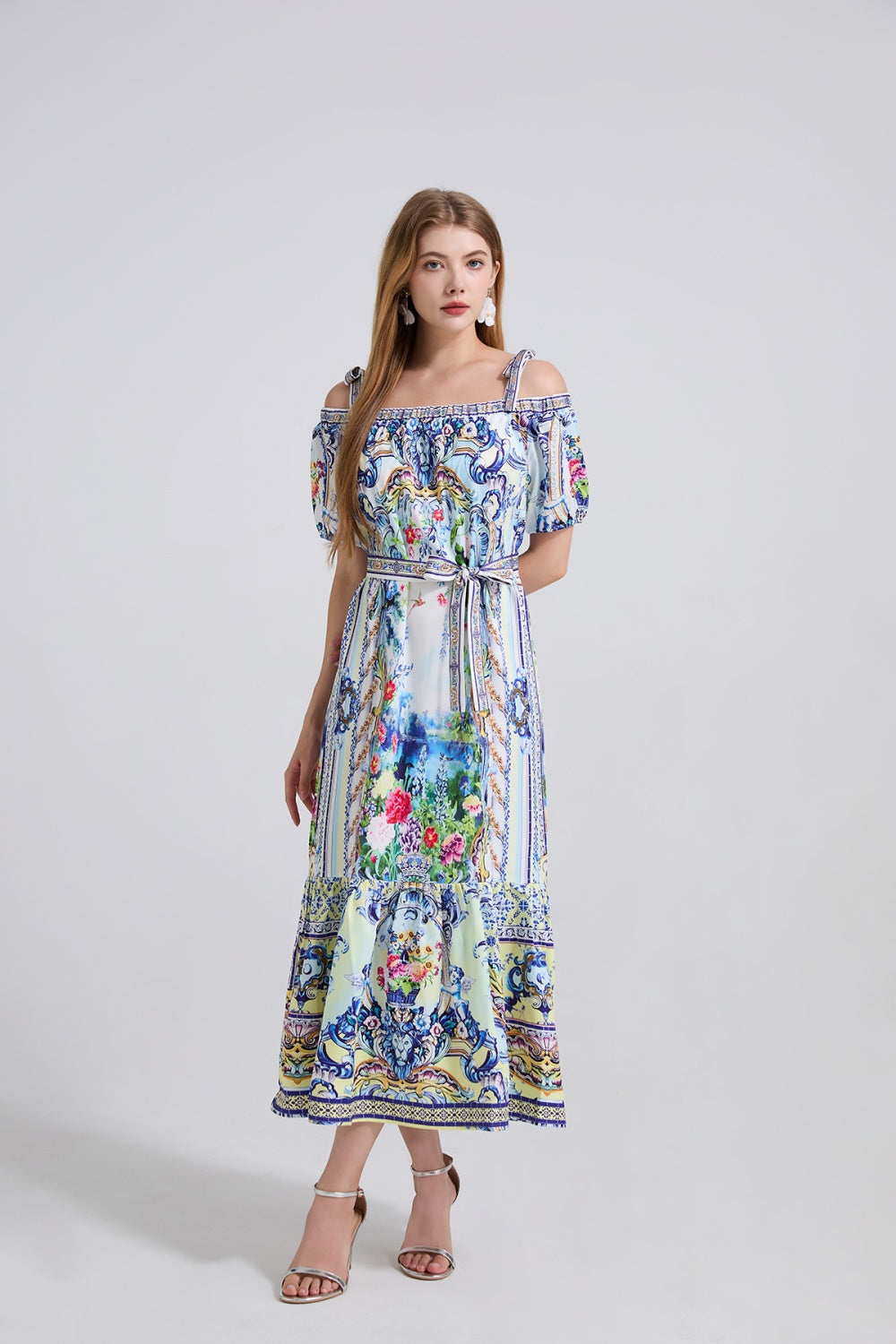 CM-DY042191 Women Elegant European Style Floral Print Off the Shoulder Short Sleeve Maxi Dress - Blue