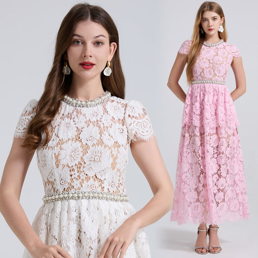 CM-DY042192 Women Elegant European Style Round Neck Short Sleeve Rhinestone Decor Midi Dress (Available in 2 colors)