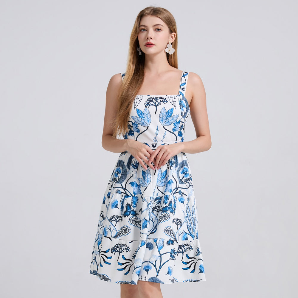 CM-DY042193 Women Elegant European Style Square Collar Sleeveless A-Line Short Dress - Blue