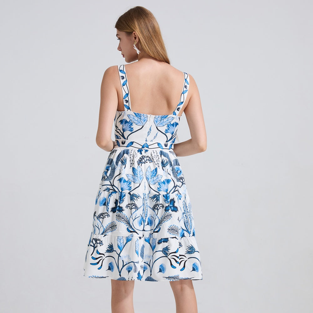 CM-DY042193 Women Elegant European Style Square Collar Sleeveless A-Line Short Dress - Blue