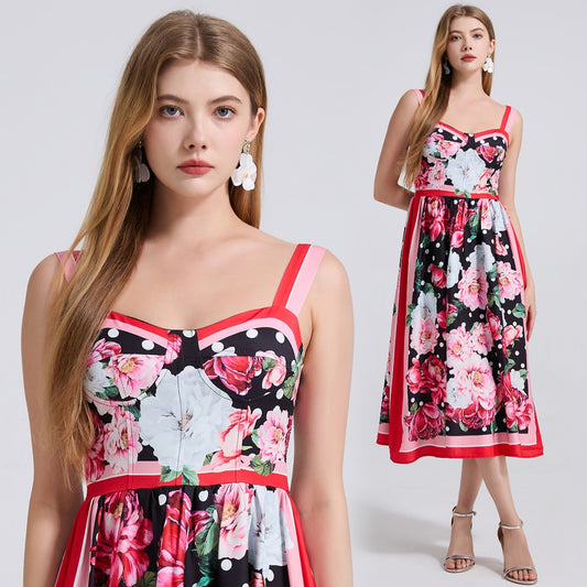 CM-DY042194 Women Elegant European Style Floral Print Sleeveless Mid-Length A-Line Dress - Red