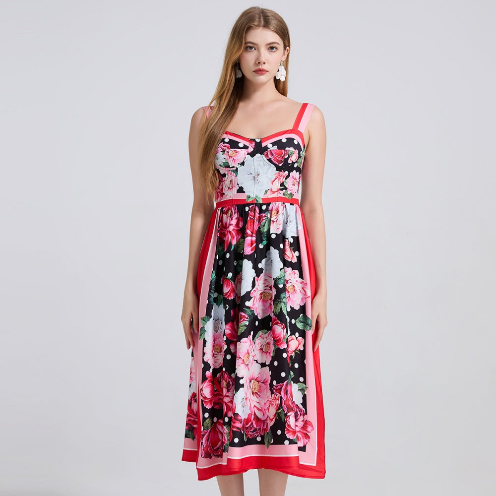 CM-DY042194 Women Elegant European Style Floral Print Sleeveless Mid-Length A-Line Dress - Red
