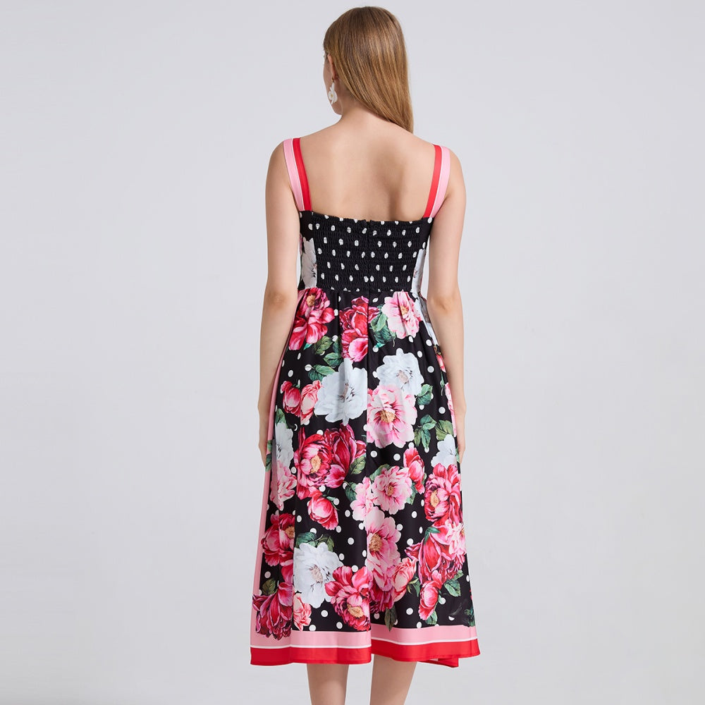 CM-DY042194 Women Elegant European Style Floral Print Sleeveless Mid-Length A-Line Dress - Red