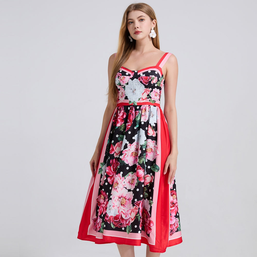 CM-DY042194 Women Elegant European Style Floral Print Sleeveless Mid-Length A-Line Dress - Red