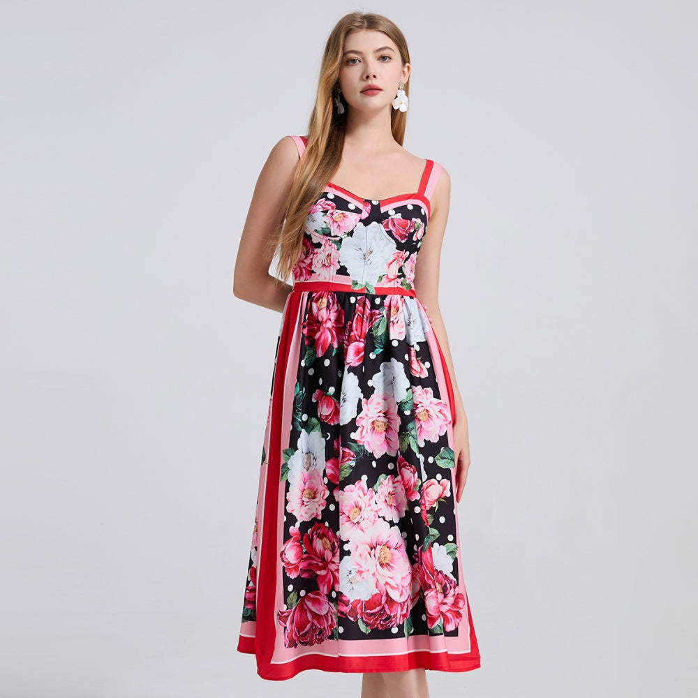 CM-DY042194 Women Elegant European Style Floral Print Sleeveless Mid-Length A-Line Dress - Red