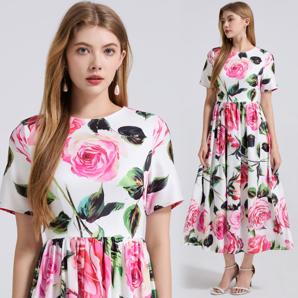 CM-DY042195 Women Elegant European Style Round Neck Short Sleeve A-Line Slim Long Dress