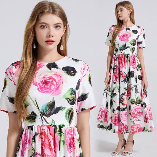 CM-DY042195 Women Elegant European Style Round Neck Short Sleeve A-Line Slim Long Dress