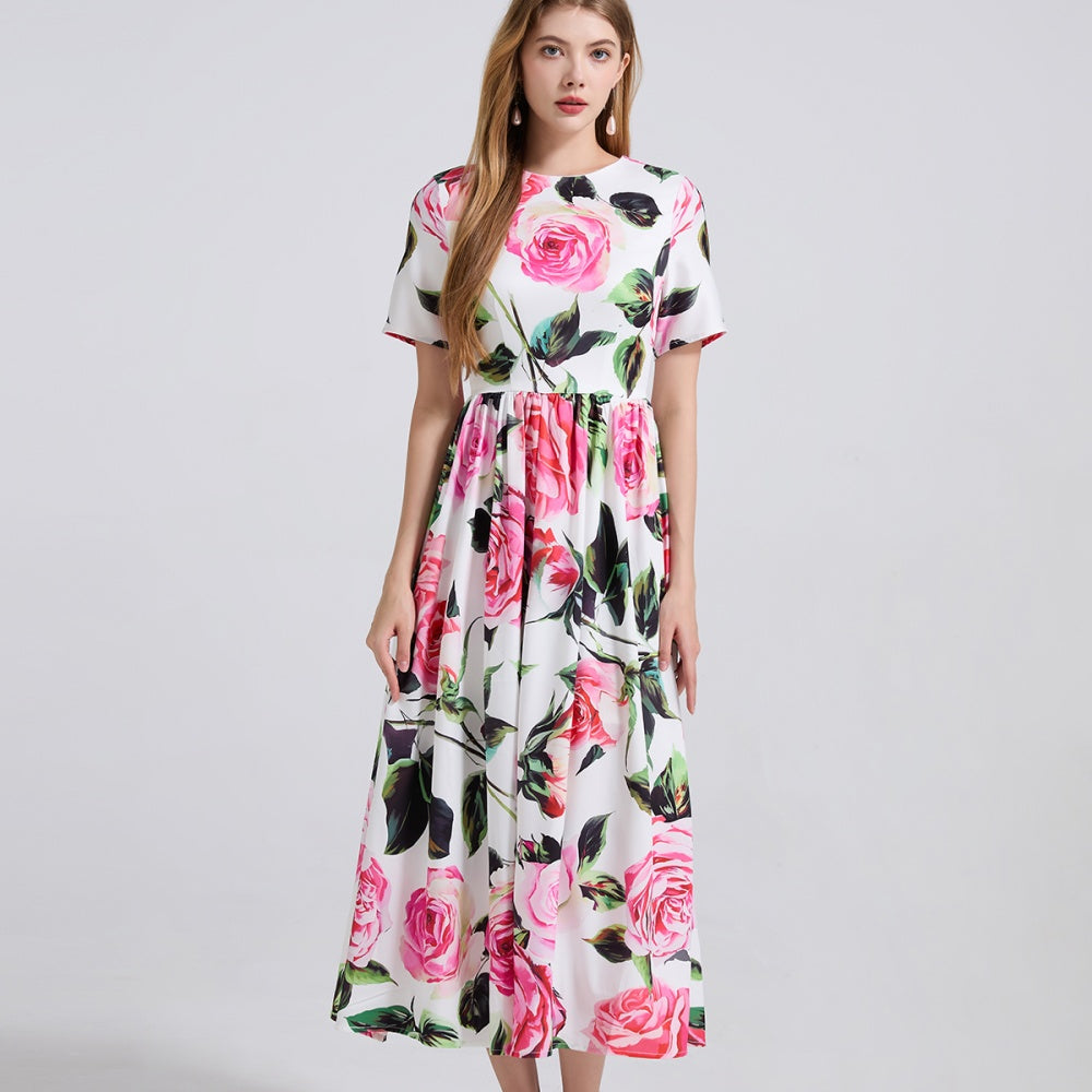 CM-DY042195 Women Elegant European Style Round Neck Short Sleeve A-Line Slim Long Dress