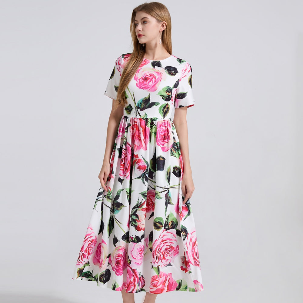 CM-DY042195 Women Elegant European Style Round Neck Short Sleeve A-Line Slim Long Dress