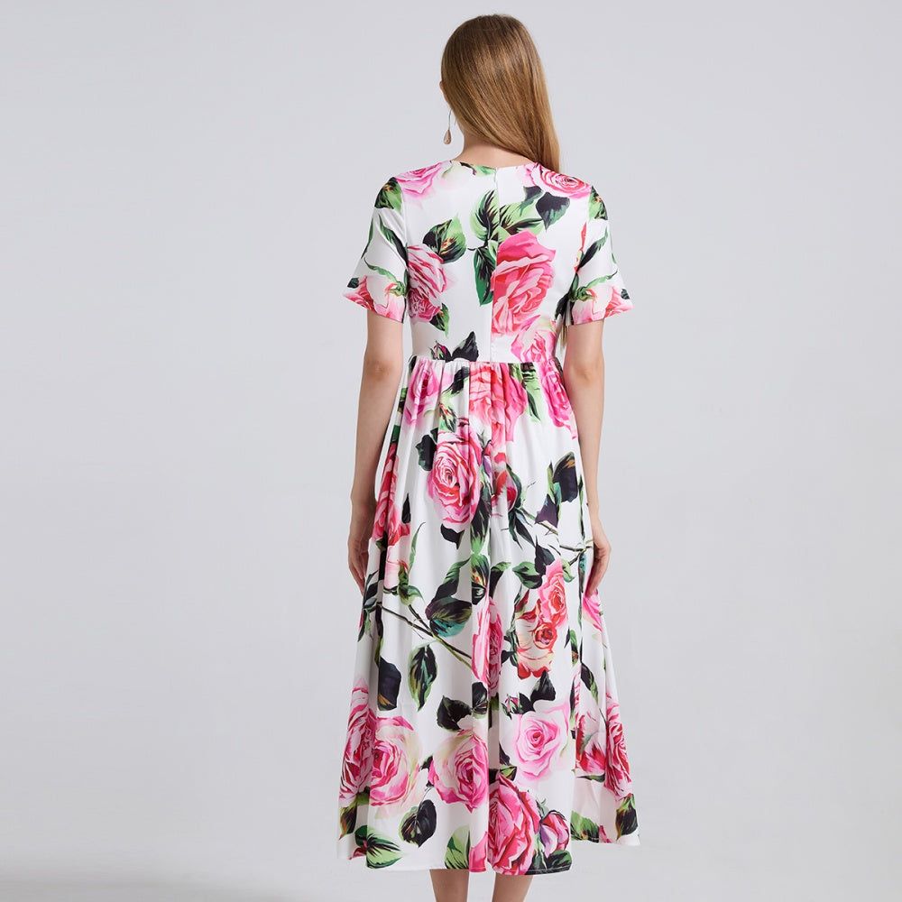 CM-DY042195 Women Elegant European Style Round Neck Short Sleeve A-Line Slim Long Dress