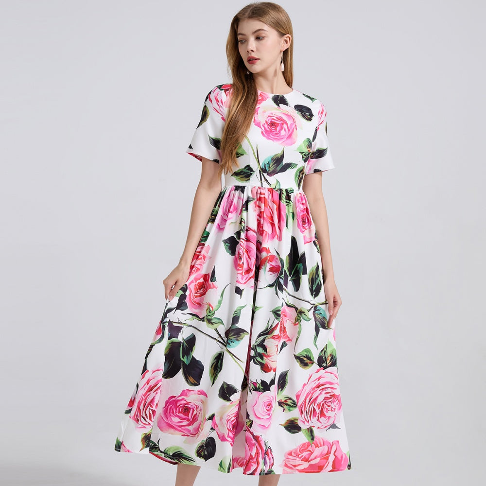 CM-DY042195 Women Elegant European Style Round Neck Short Sleeve A-Line Slim Long Dress