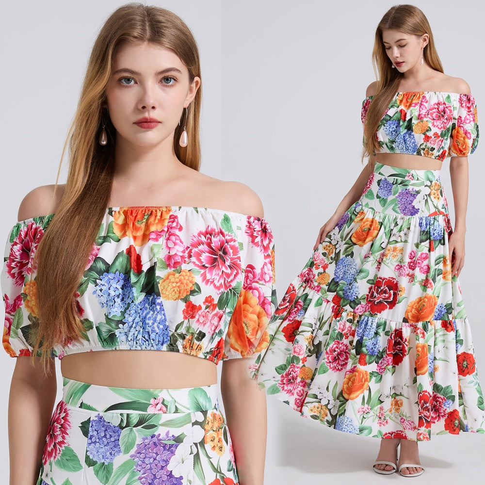 CM-SY042196 Women Trendy Bohemian Style Off the Shoulder Short Sleeve Crop Top With High Waist Long Skirt - Set