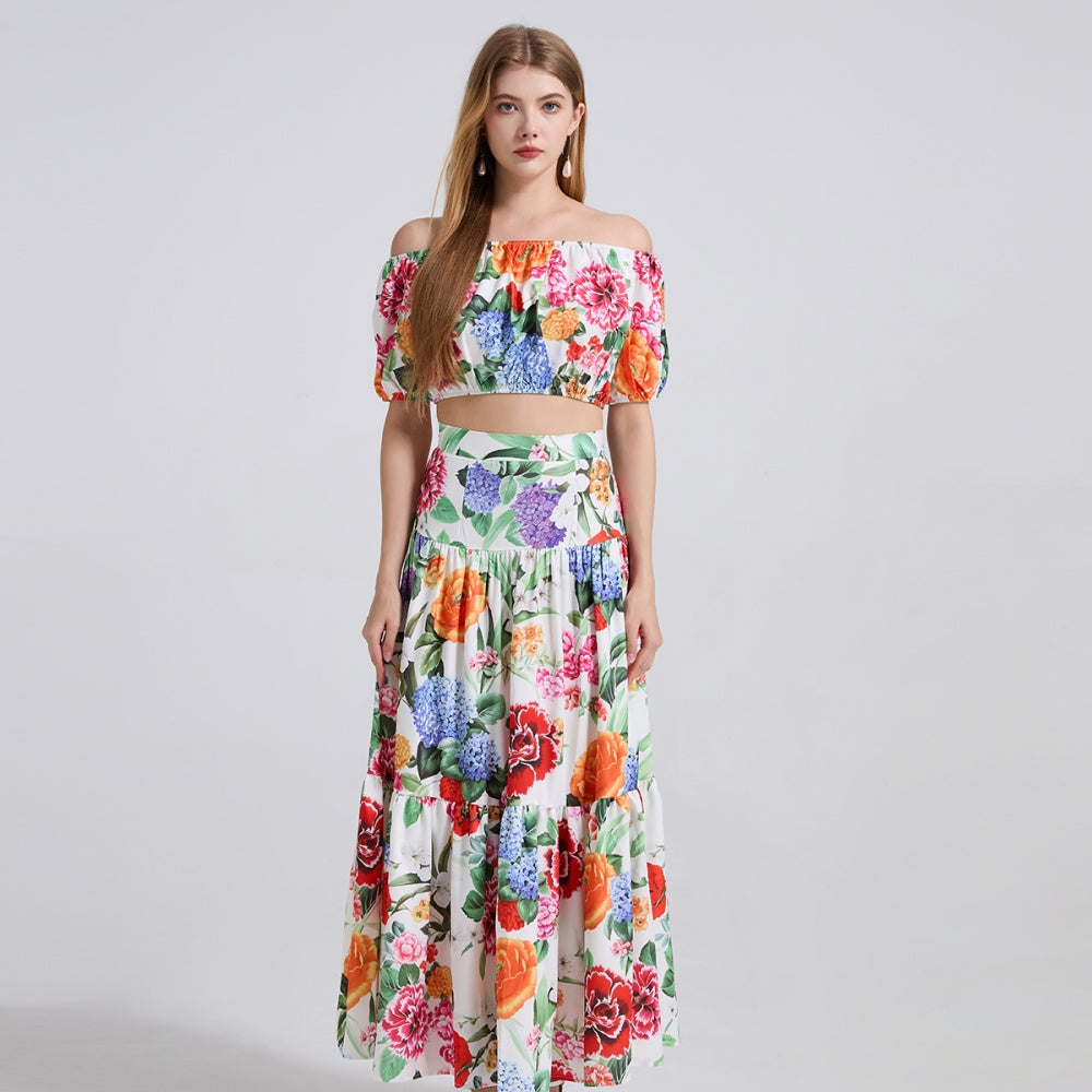 CM-SY042196 Women Trendy Bohemian Style Off the Shoulder Short Sleeve Crop Top With High Waist Long Skirt - Set