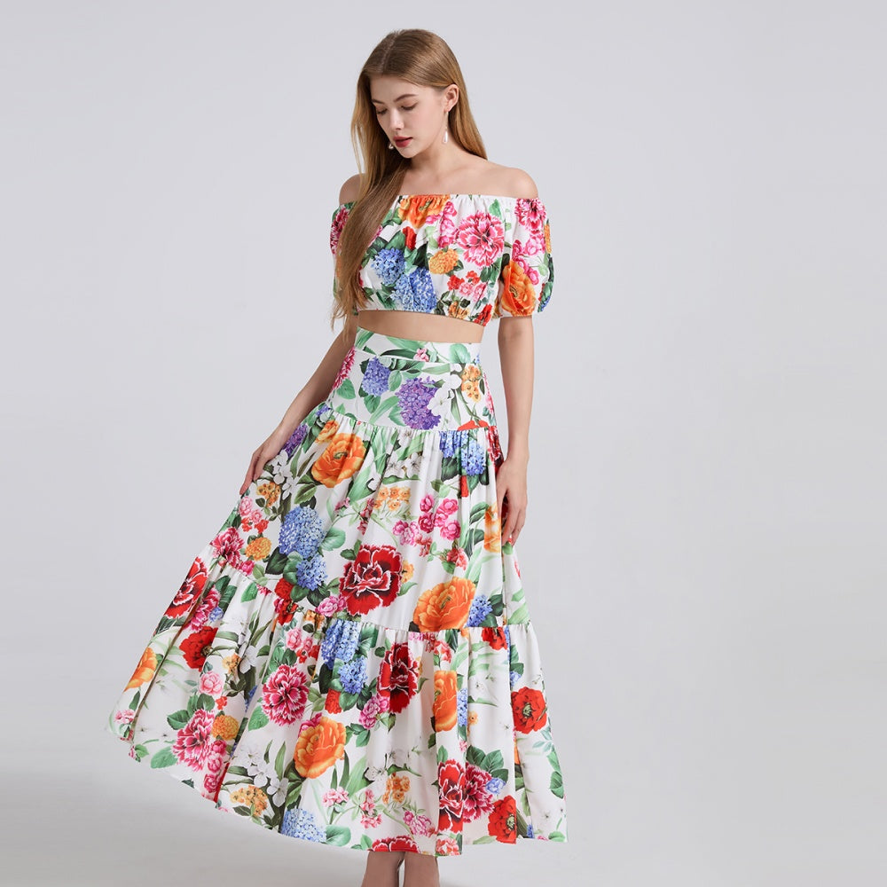 CM-SY042196 Women Trendy Bohemian Style Off the Shoulder Short Sleeve Crop Top With High Waist Long Skirt - Set