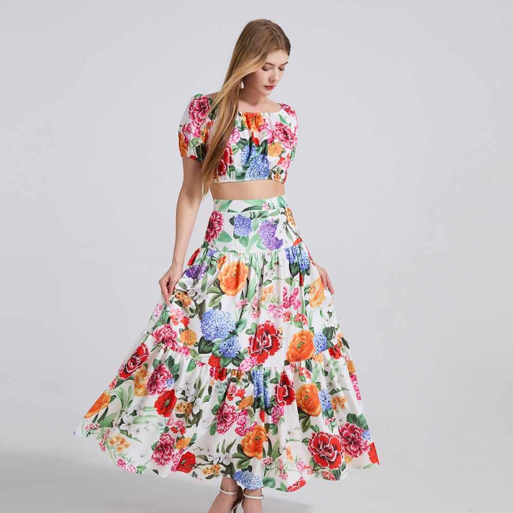 CM-SY042196 Women Trendy Bohemian Style Off the Shoulder Short Sleeve Crop Top With High Waist Long Skirt - Set