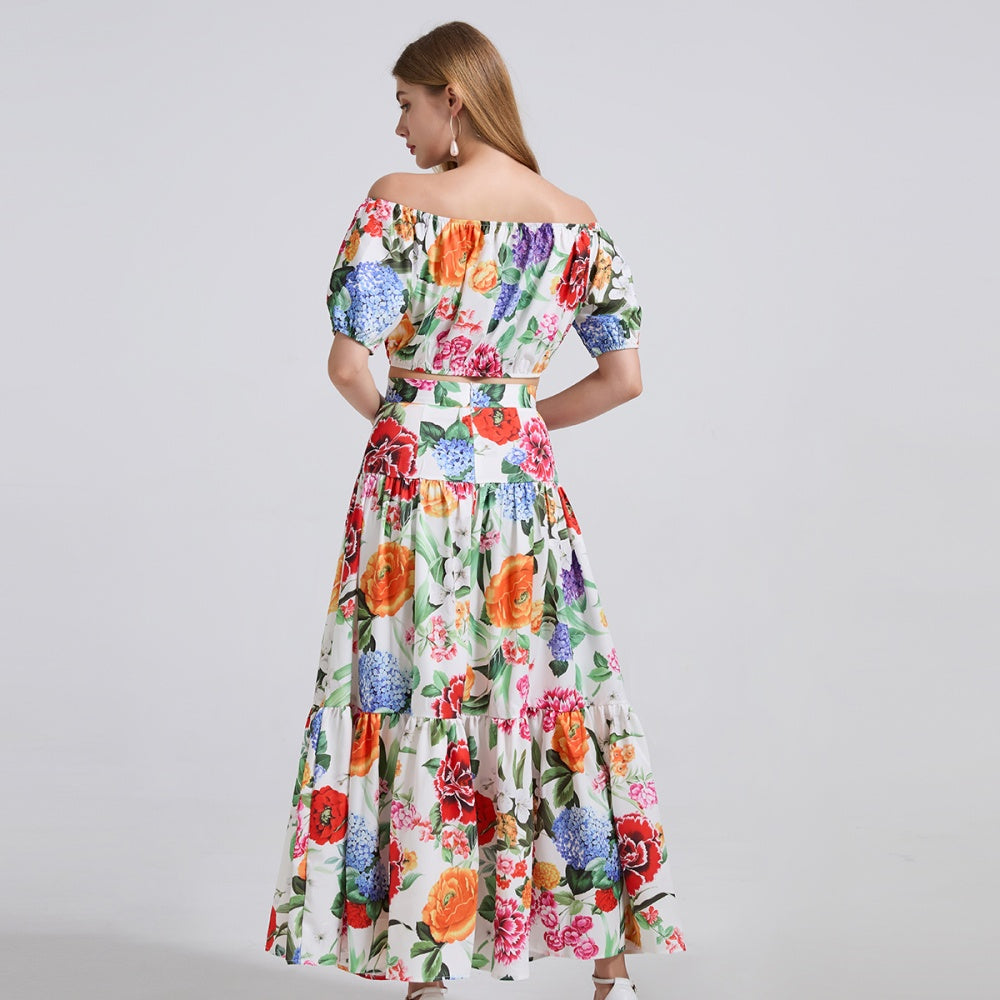 CM-SY042196 Women Trendy Bohemian Style Off the Shoulder Short Sleeve Crop Top With High Waist Long Skirt - Set