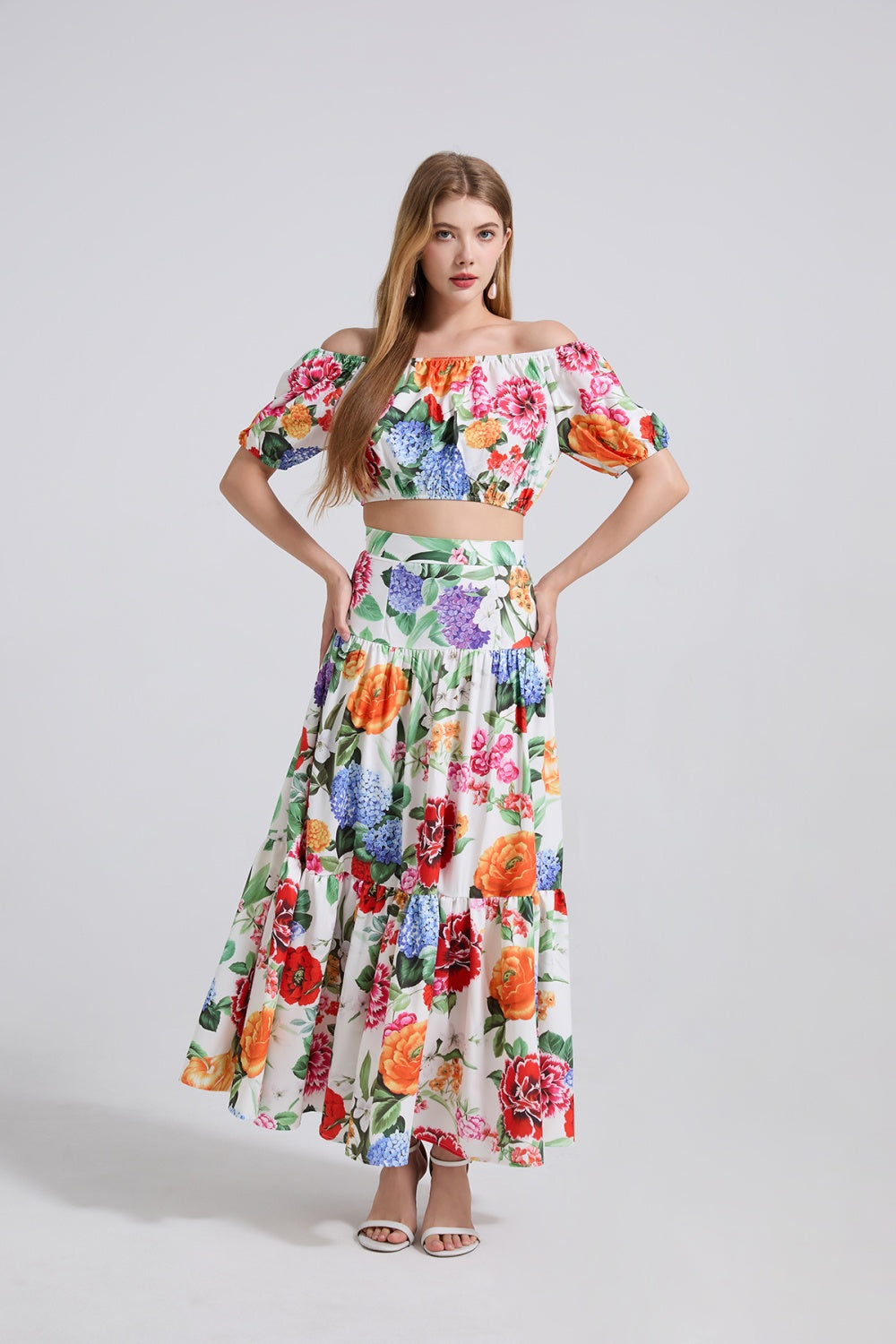 CM-SY042196 Women Trendy Bohemian Style Off the Shoulder Short Sleeve Crop Top With High Waist Long Skirt - Set