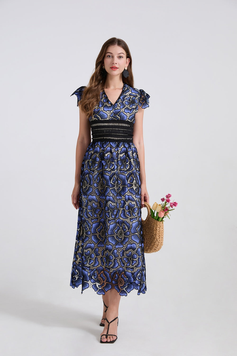 CM-DY042199 Women Elegant European Style Lace V-Neck Boat Sleeve Slim High Waist A-Line Dress (Available in 2 colors)