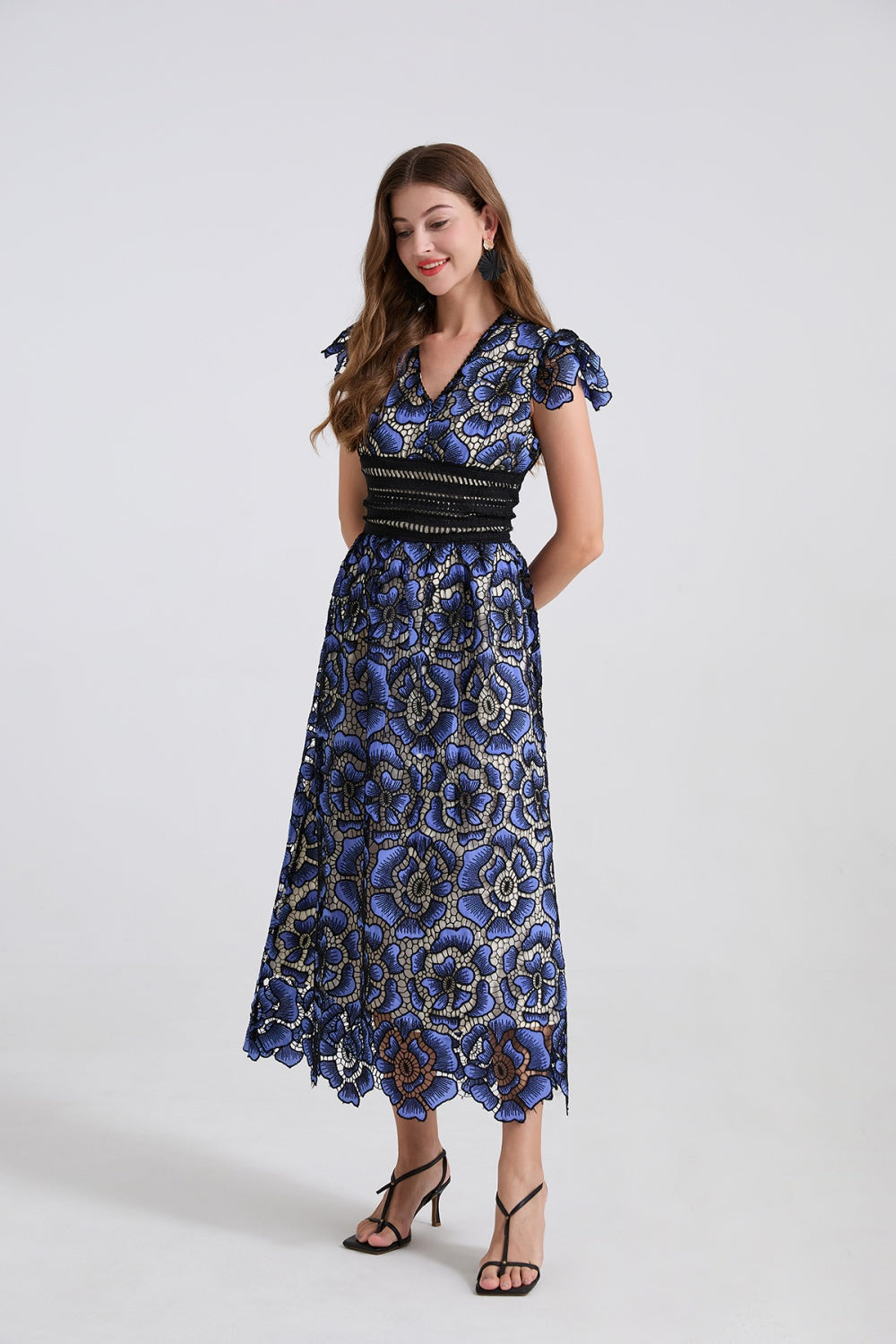 CM-DY042199 Women Elegant European Style Lace V-Neck Boat Sleeve Slim High Waist A-Line Dress (Available in 2 colors)