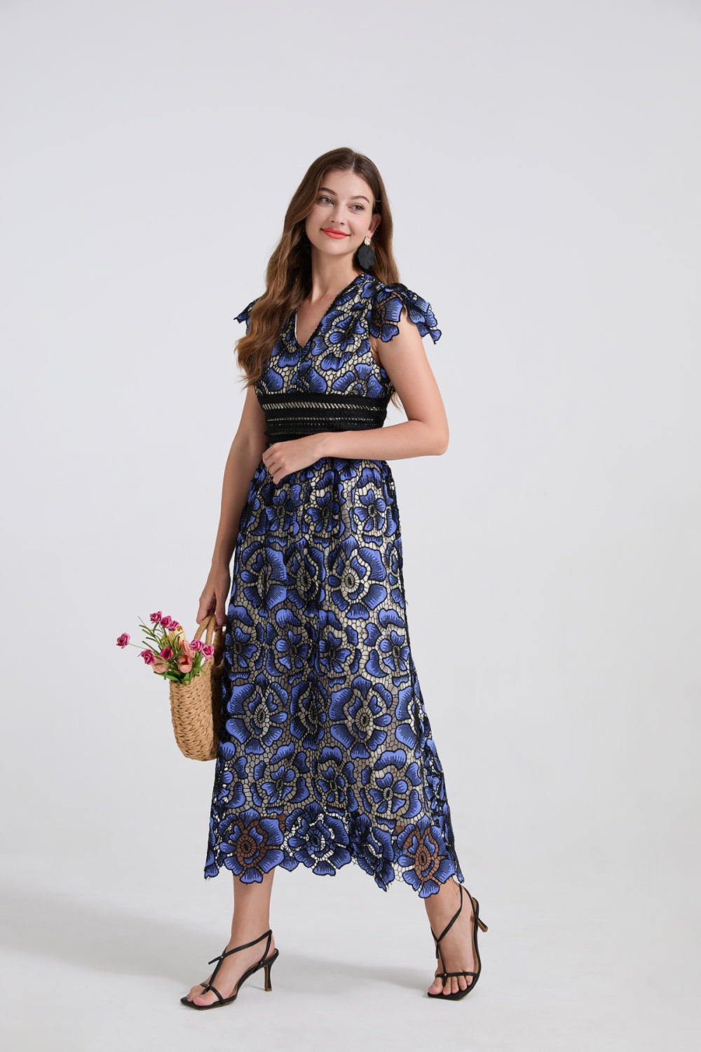 CM-DY042199 Women Elegant European Style Lace V-Neck Boat Sleeve Slim High Waist A-Line Dress (Available in 2 colors)
