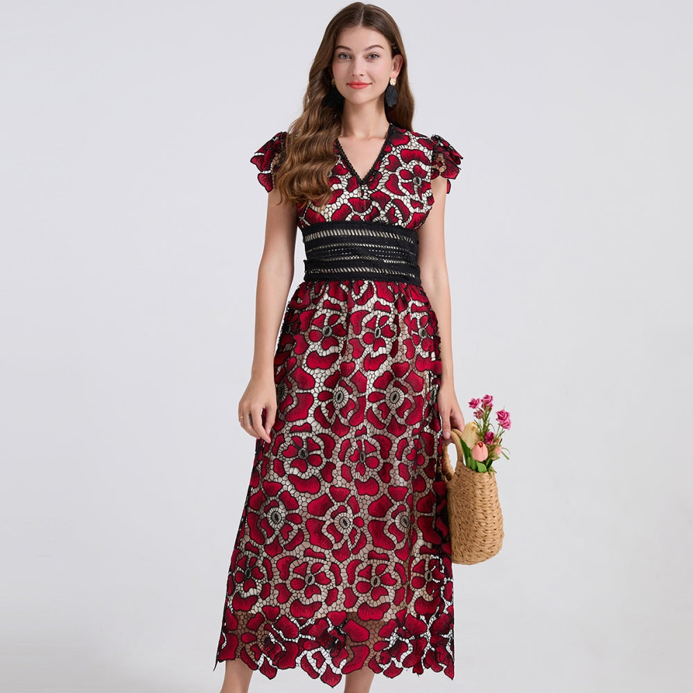 CM-DY042199 Women Elegant European Style Lace V-Neck Boat Sleeve Slim High Waist A-Line Dress (Available in 2 colors)