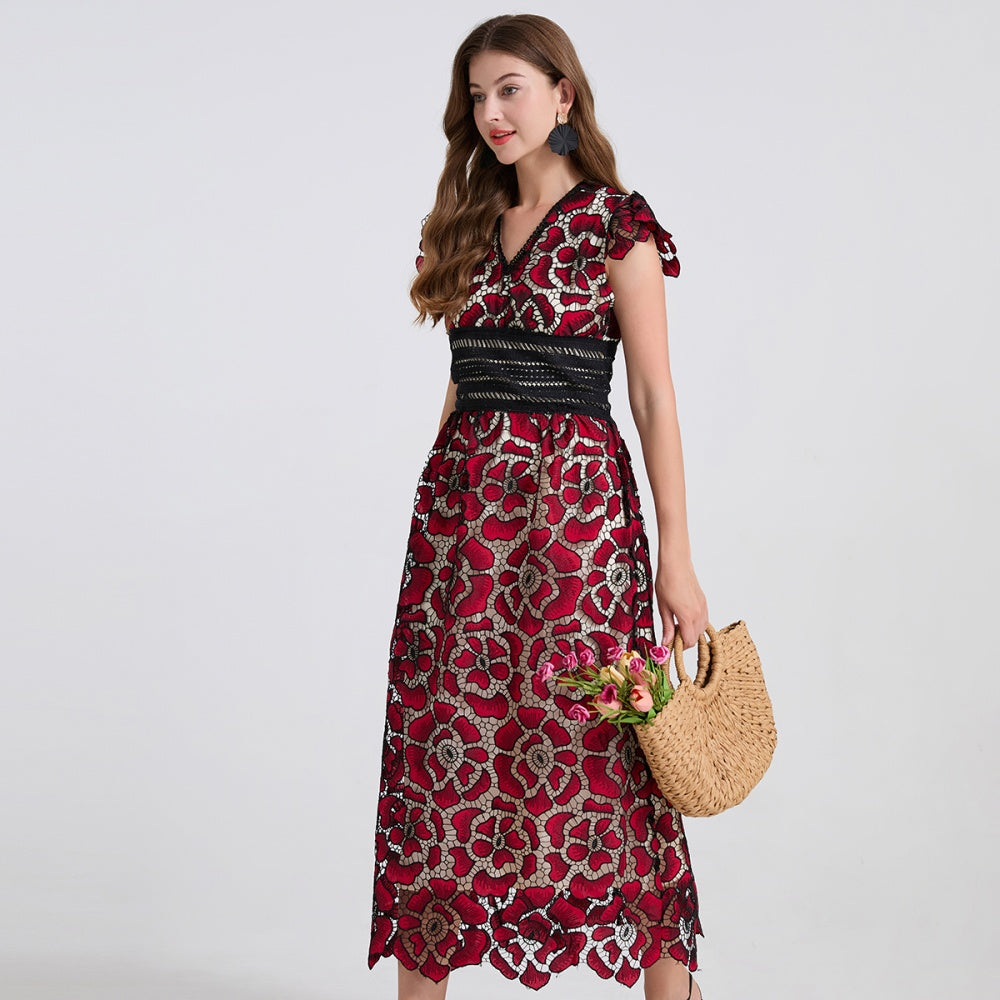 CM-DY042199 Women Elegant European Style Lace V-Neck Boat Sleeve Slim High Waist A-Line Dress (Available in 2 colors)