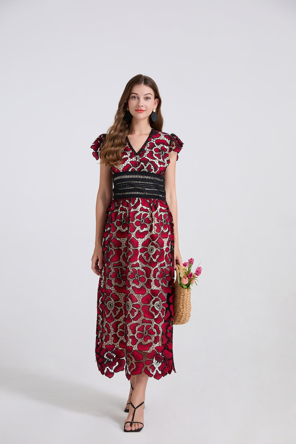 CM-DY042199 Women Elegant European Style Lace V-Neck Boat Sleeve Slim High Waist A-Line Dress (Available in 2 colors)