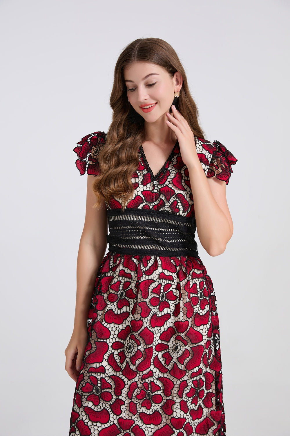CM-DY042199 Women Elegant European Style Lace V-Neck Boat Sleeve Slim High Waist A-Line Dress (Available in 2 colors)