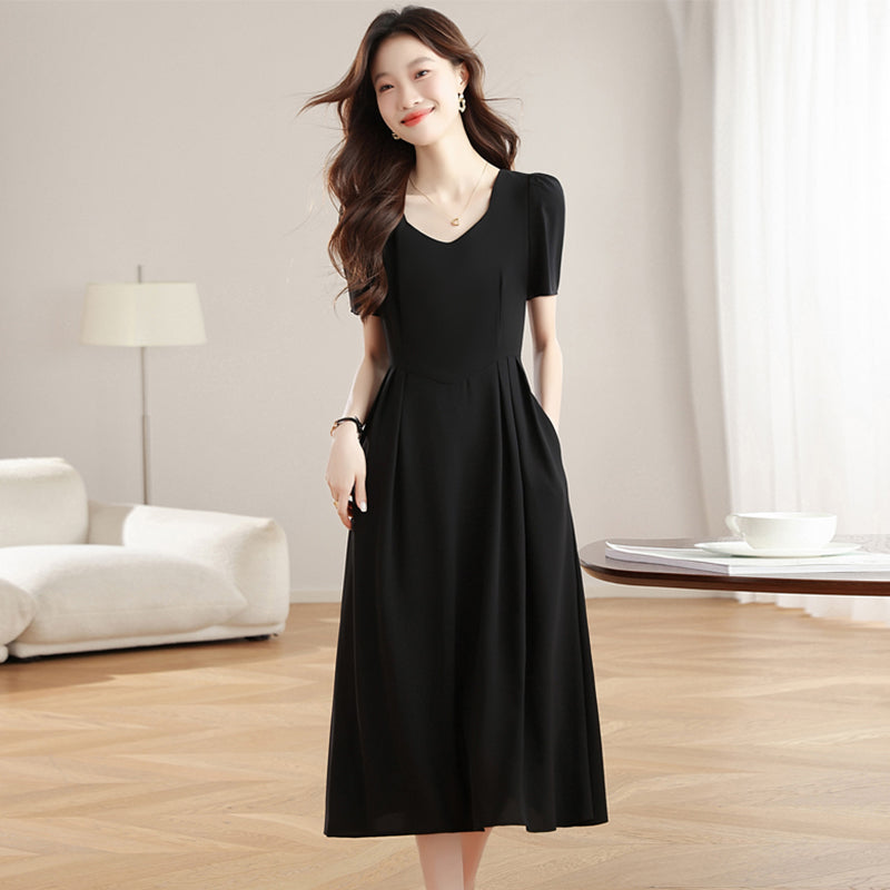 CM-DY042200 Women Casual Seoul Style U-Neck Short Sleeve Mid-Length Dress - Black