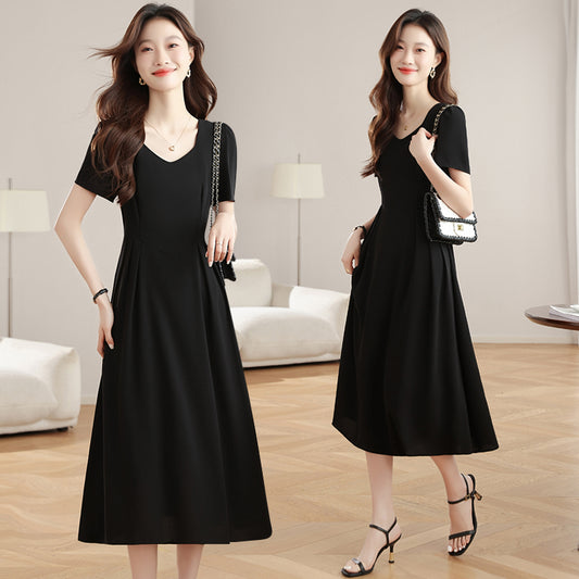 CM-DY042200 Women Casual Seoul Style U-Neck Short Sleeve Mid-Length Dress - Black