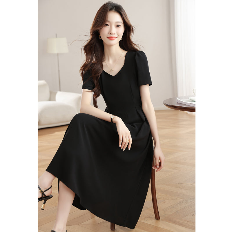 CM-DY042200 Women Casual Seoul Style U-Neck Short Sleeve Mid-Length Dress - Black