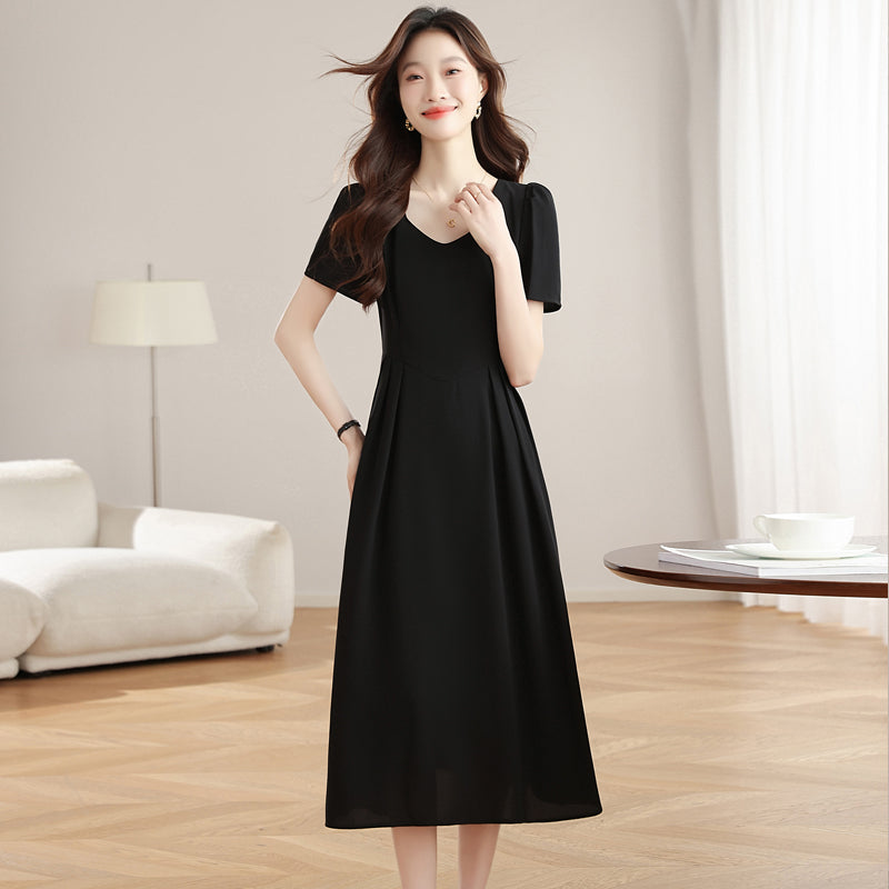 CM-DY042200 Women Casual Seoul Style U-Neck Short Sleeve Mid-Length Dress - Black