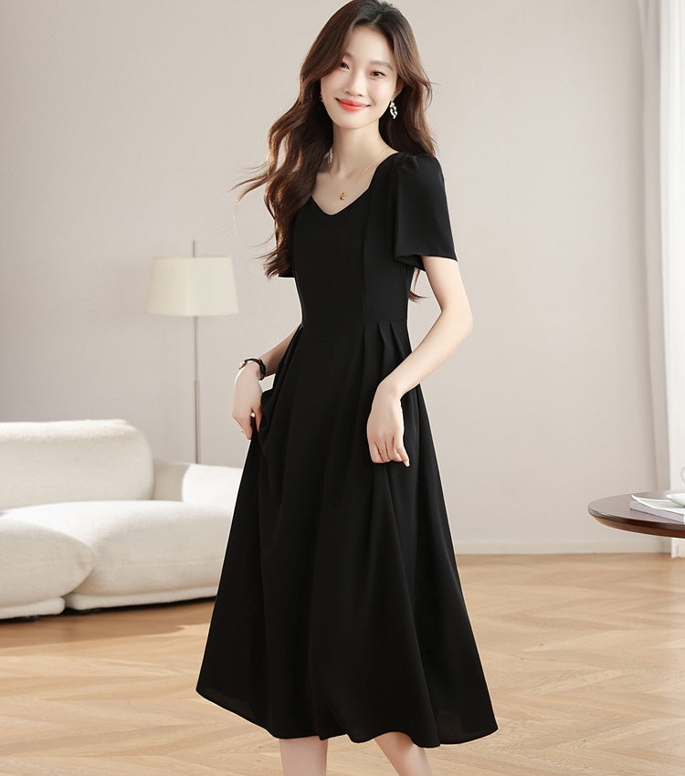 CM-DY042200 Women Casual Seoul Style U-Neck Short Sleeve Mid-Length Dress - Black