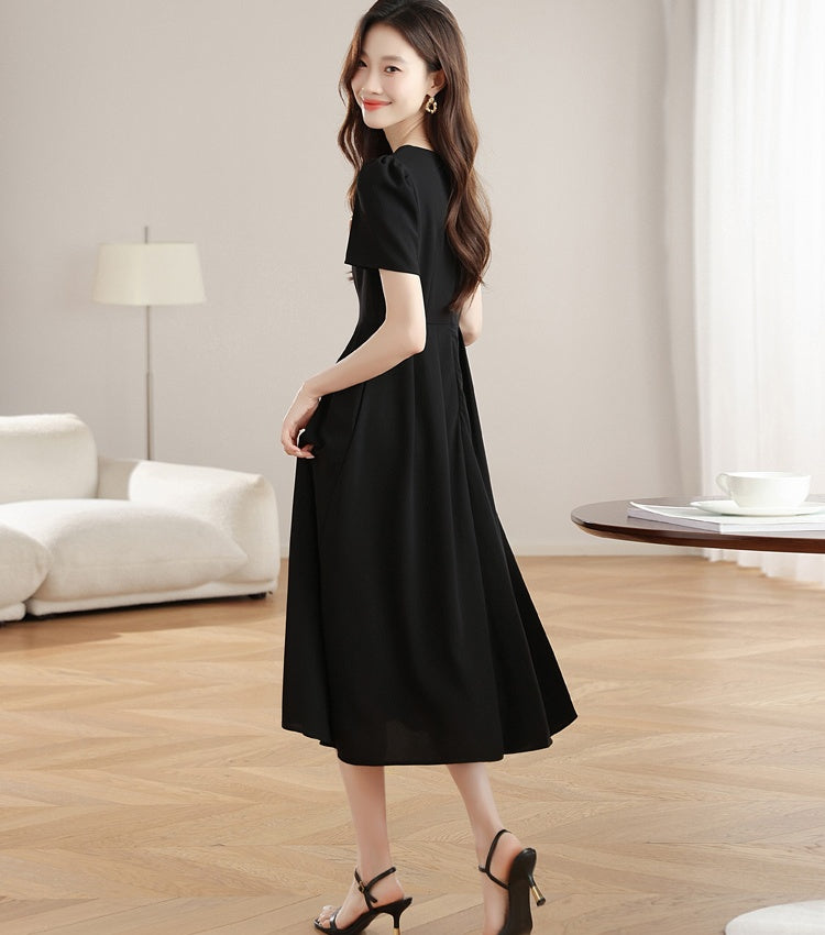 CM-DY042200 Women Casual Seoul Style U-Neck Short Sleeve Mid-Length Dress - Black