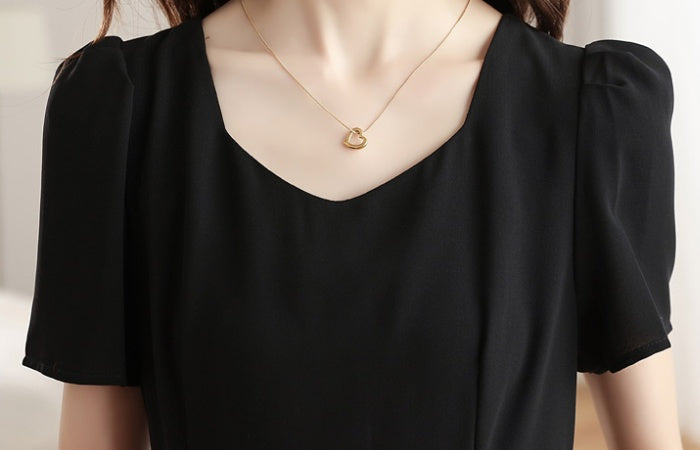 CM-DY042200 Women Casual Seoul Style U-Neck Short Sleeve Mid-Length Dress - Black