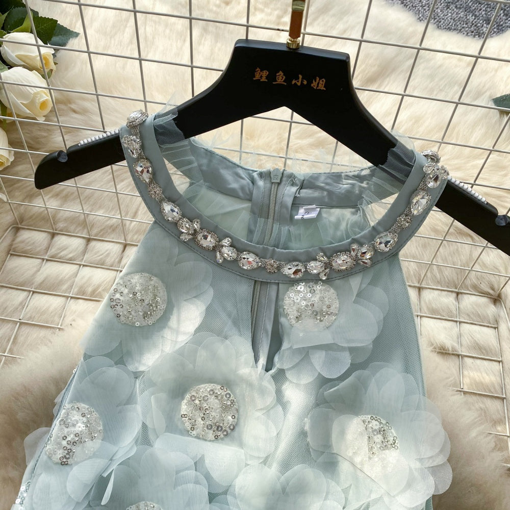 CM-DY042226 Women Elegant European Style Round Neck Sleeveless Short Dress - Light Green
